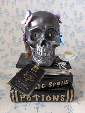 Spooky Night LED Skull w/ Books and Butterflies NEW Halloween Decor Haunted